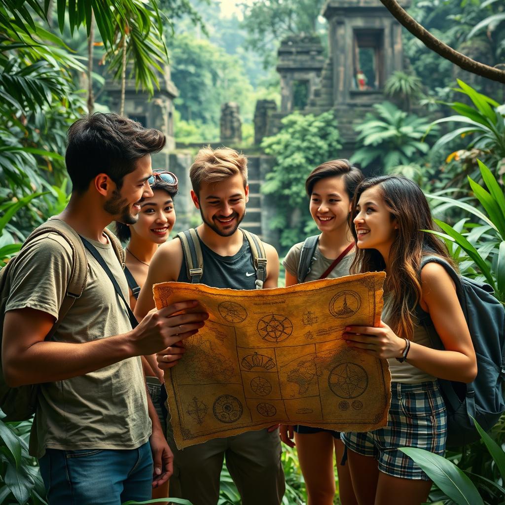 A captivating scene showcasing six adventurous young people, four men and two women, as they embark on a quest to uncover clues about a mysterious Kuo artifact