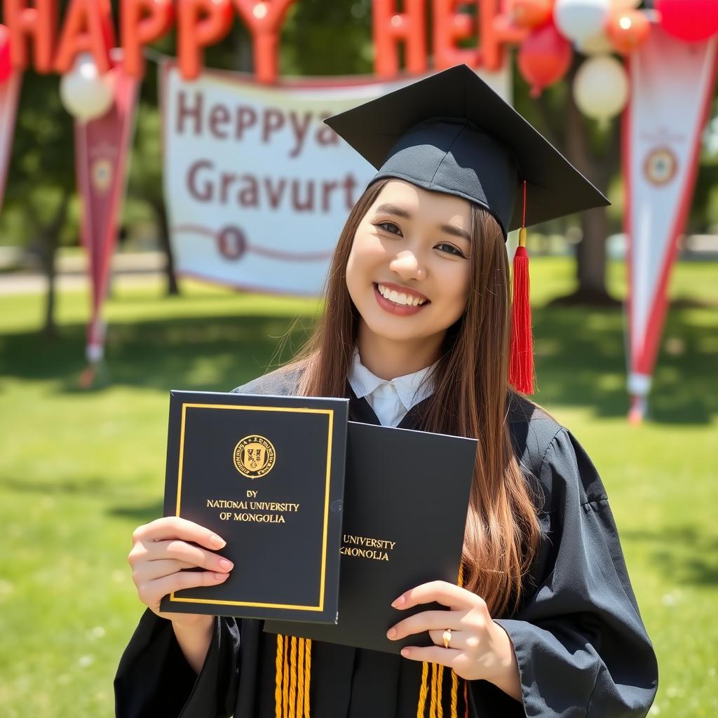 A young woman in a graduation suit of the National University of Mongolia, proudly holding her bachelor's diploma