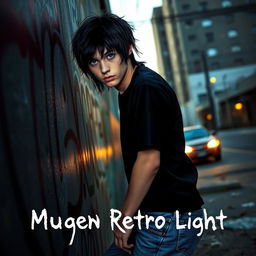 A band cover for the early 2000's emo band 'Mugen Retro Light', featuring a male teen with striking black hair and mesmerizing amethyst eyes