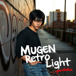 A band cover for the early 2000's emo band 'Mugen Retro Light', featuring a male teen with striking black hair and mesmerizing amethyst eyes