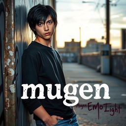 A band cover for the early 2000's emo band 'Mugen Retro Light', featuring a male teen with striking black hair and mesmerizing amethyst eyes