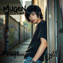 A band cover for the early 2000's emo band 'Mugen Retro Light', featuring a male teen with striking black hair and mesmerizing amethyst eyes