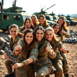 A striking image of a group of attractive female soldiers in a dynamic and confident pose, showcasing their military uniforms