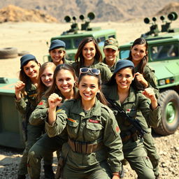 A striking image of a group of attractive female soldiers in a dynamic and confident pose, showcasing their military uniforms