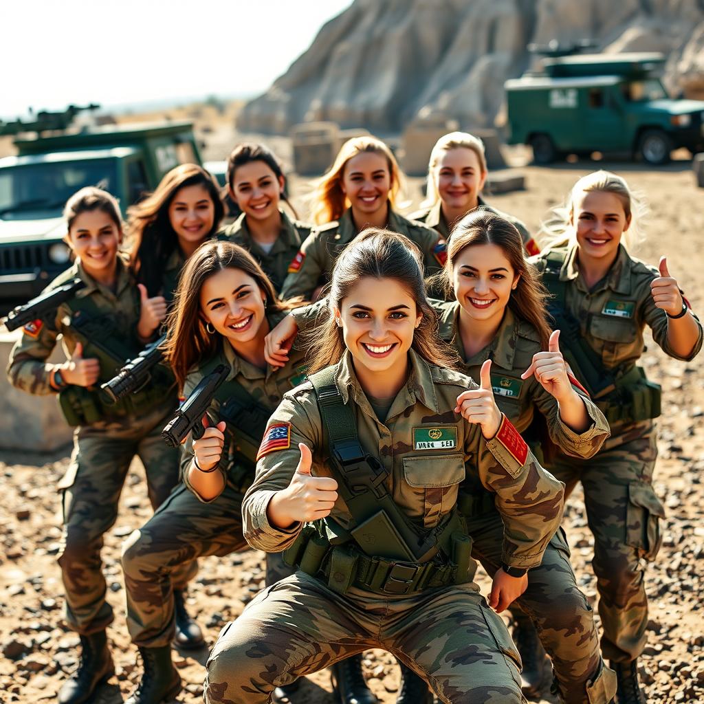 A striking image of a group of attractive female soldiers in a dynamic and confident pose, showcasing their military uniforms