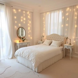 A beautiful and simple bridal room, elegantly decorated with soft white and pastel colors, featuring a plush bed adorned with delicate lace bedding