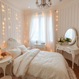 A beautiful and simple bridal room, elegantly decorated with soft white and pastel colors, featuring a plush bed adorned with delicate lace bedding