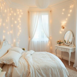 A beautiful and simple bridal room, elegantly decorated with soft white and pastel colors, featuring a plush bed adorned with delicate lace bedding