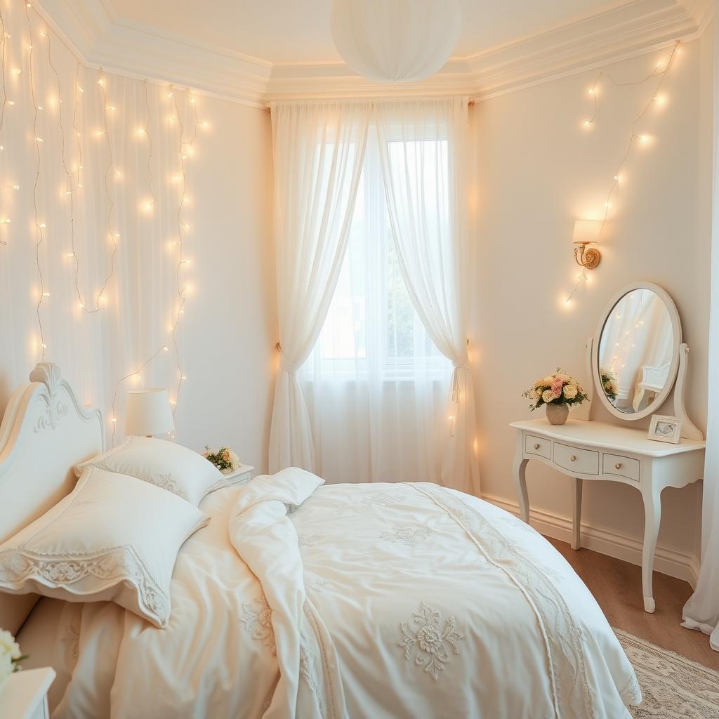 A beautiful and simple bridal room, elegantly decorated with soft white and pastel colors, featuring a plush bed adorned with delicate lace bedding