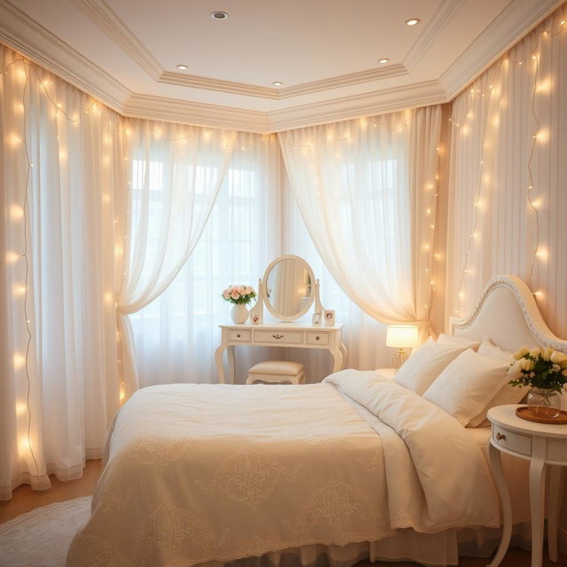 A beautiful and simple bridal room, elegantly decorated with soft white and pastel colors, featuring a plush bed adorned with delicate lace bedding