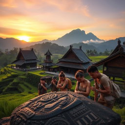 An evocative scene set in the breathtaking landscapes of Toraja, Indonesia, showcasing a captivating mystery centered around ancient artifacts