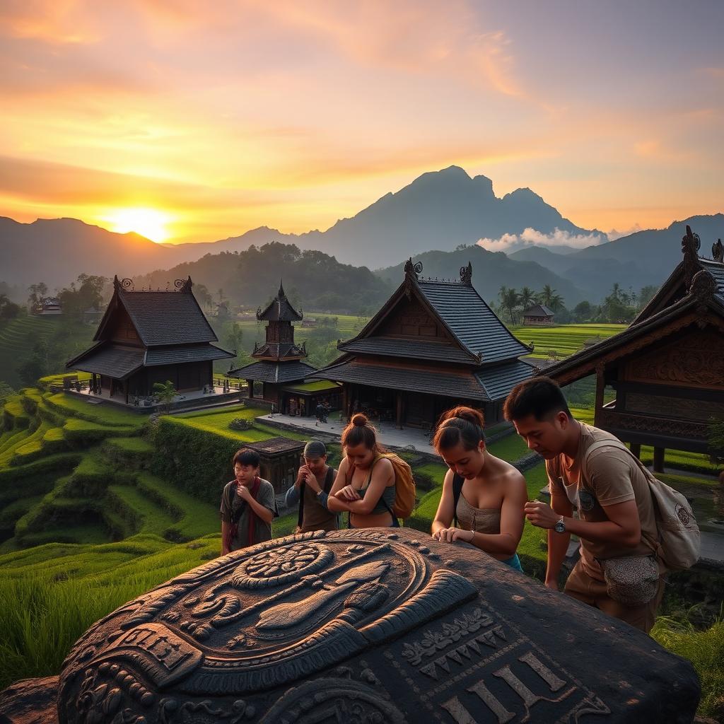 An evocative scene set in the breathtaking landscapes of Toraja, Indonesia, showcasing a captivating mystery centered around ancient artifacts
