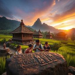 An evocative scene set in the breathtaking landscapes of Toraja, Indonesia, showcasing a captivating mystery centered around ancient artifacts