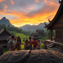An evocative scene set in the breathtaking landscapes of Toraja, Indonesia, showcasing a captivating mystery centered around ancient artifacts