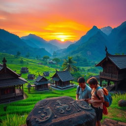 An evocative scene set in the breathtaking landscapes of Toraja, Indonesia, showcasing a captivating mystery centered around ancient artifacts