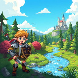 A vibrant fantasy landscape reminiscent of the Zelda video game series, featuring a whimsical forest filled with lush greenery, towering trees, and sparkling streams