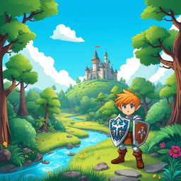 A vibrant fantasy landscape reminiscent of the Zelda video game series, featuring a whimsical forest filled with lush greenery, towering trees, and sparkling streams