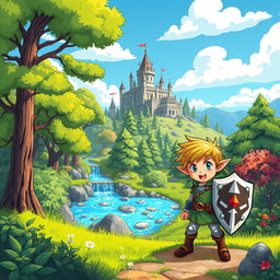 A vibrant fantasy landscape reminiscent of the Zelda video game series, featuring a whimsical forest filled with lush greenery, towering trees, and sparkling streams