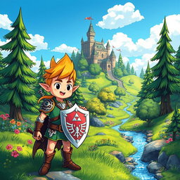A vibrant fantasy landscape reminiscent of the Zelda video game series, featuring a whimsical forest filled with lush greenery, towering trees, and sparkling streams