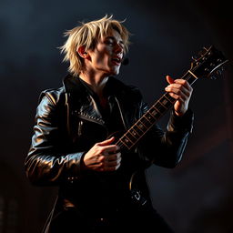 A captivating male vampire character with dark blonde hair, passionately singing while playing an electric guitar