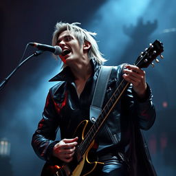 A captivating male vampire character with dark blonde hair, passionately singing while playing an electric guitar