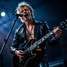 A captivating male vampire character with dark blonde hair, passionately singing while playing an electric guitar