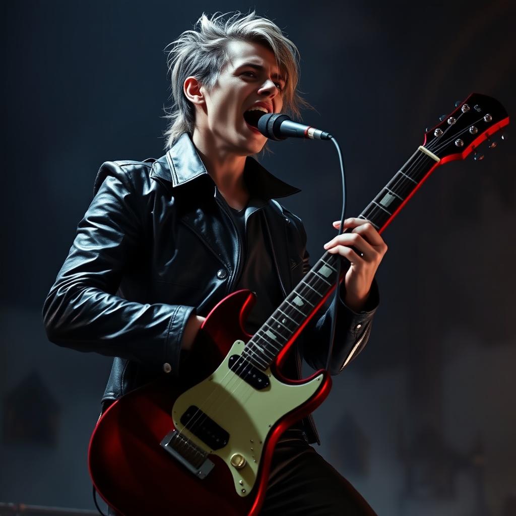 A captivating male vampire character with dark blonde hair, passionately singing while playing an electric guitar