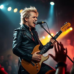 A charismatic male vampire with dark blonde hair, dressed in a sleek leather outfit, passionately singing into a microphone while playing an electric guitar