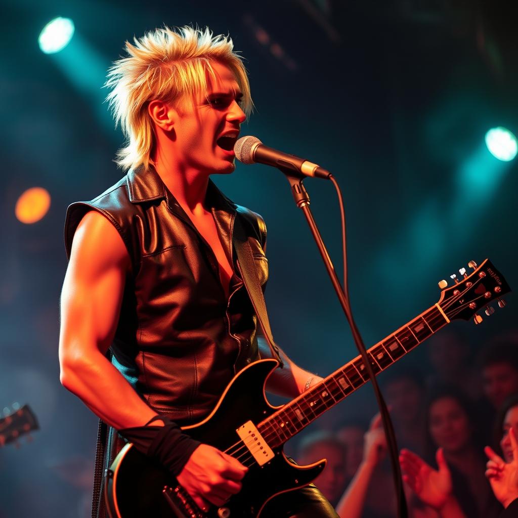 A charismatic male vampire with dark blonde hair, dressed in a sleek leather outfit, passionately singing into a microphone while playing an electric guitar