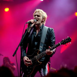 A charismatic male vampire with dark blonde hair, dressed in a sleek leather outfit, passionately singing into a microphone while playing an electric guitar