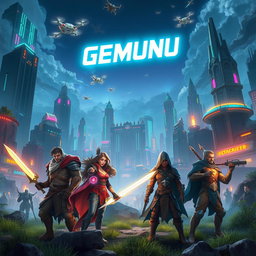 An imaginative fantasy landscape featuring a futuristic city with towering skyscrapers, aerial drones flying between buildings, and neon lights illuminating the night sky