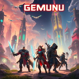 An imaginative fantasy landscape featuring a futuristic city with towering skyscrapers, aerial drones flying between buildings, and neon lights illuminating the night sky