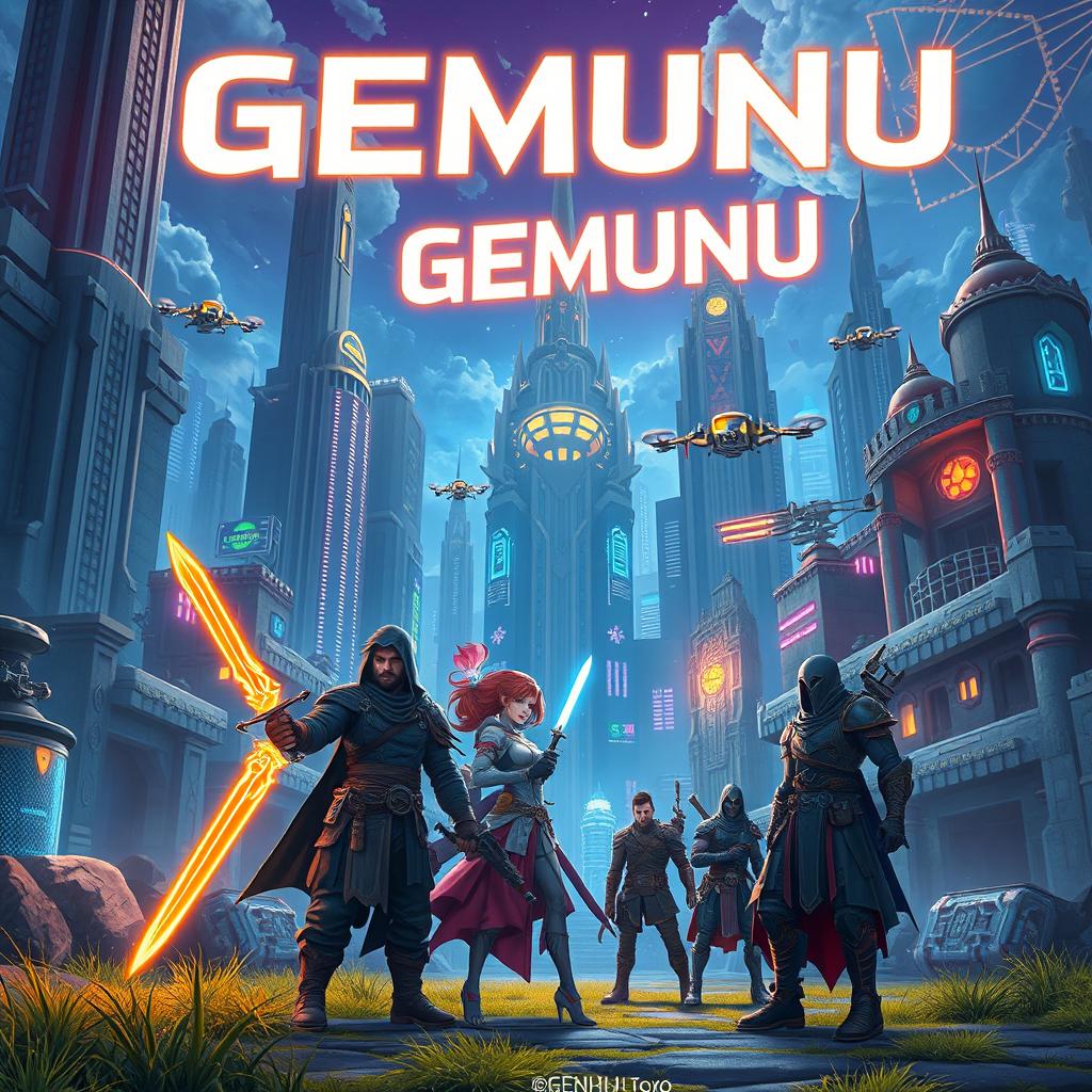 An imaginative fantasy landscape featuring a futuristic city with towering skyscrapers, aerial drones flying between buildings, and neon lights illuminating the night sky