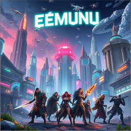 An imaginative fantasy landscape featuring a futuristic city with towering skyscrapers, aerial drones flying between buildings, and neon lights illuminating the night sky