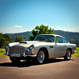 A stunning, retro-inspired Aston Martin DB5 Vantage set against a picturesque backdrop