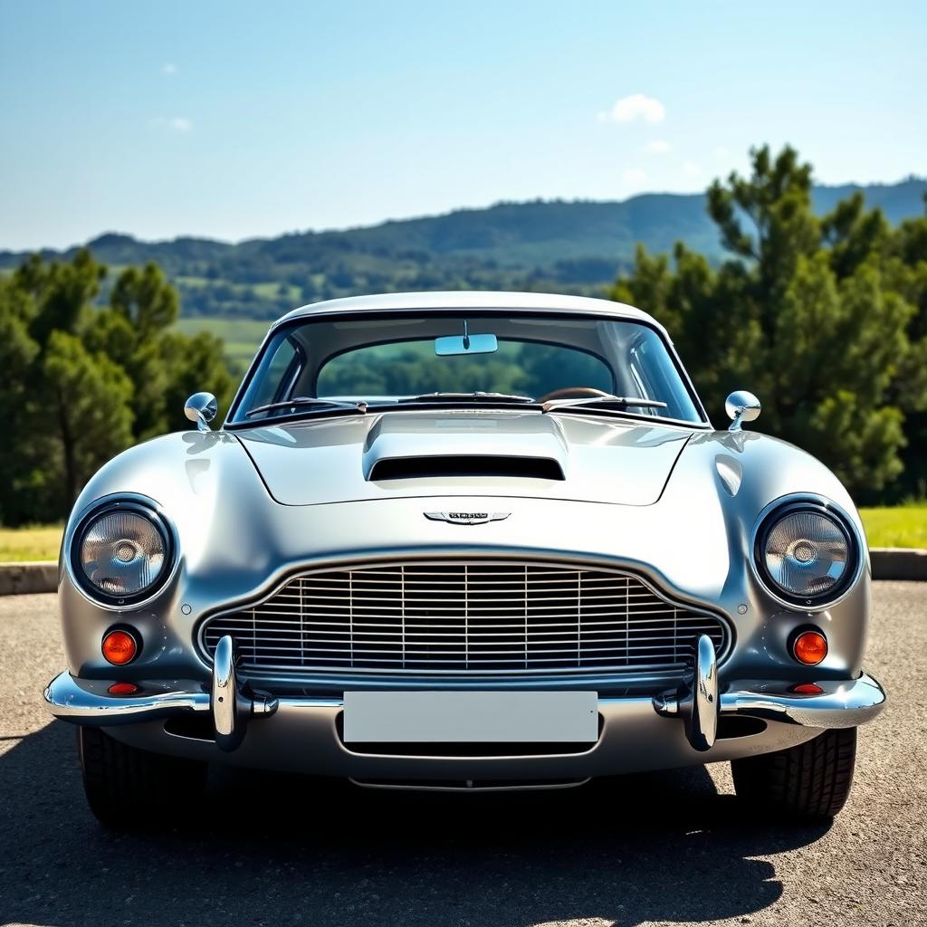 A stunning, retro-inspired Aston Martin DB5 Vantage set against a picturesque backdrop