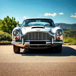 A stunning, retro-inspired Aston Martin DB5 Vantage set against a picturesque backdrop