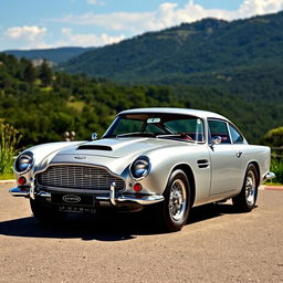 A stunning, retro-inspired Aston Martin DB5 Vantage set against a picturesque backdrop