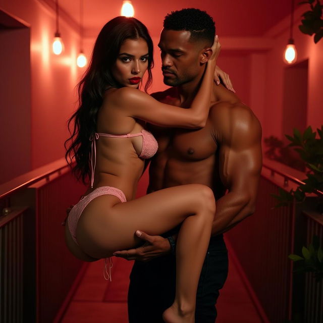 A full-length intimate and steamy photoshoot of a stunning 24-year-old Arab woman wearing a short strapless bikini, showcasing her alluring figure