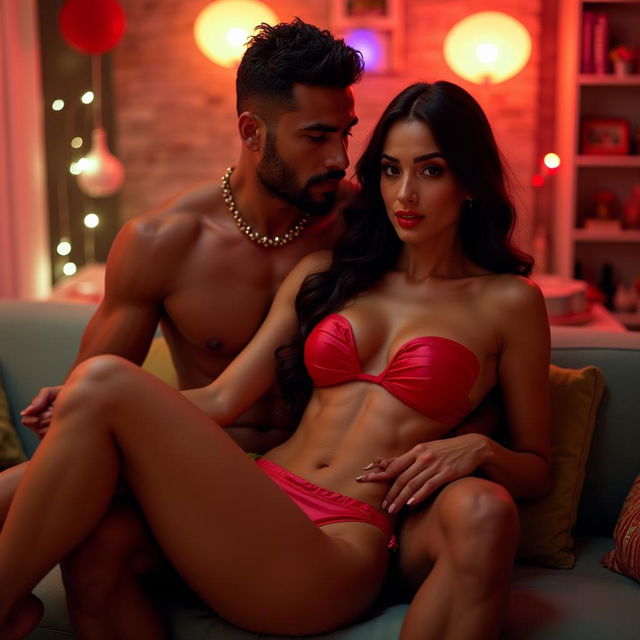 A full-length intimate photo of a stunning Arab woman, 24 years old, wearing a vibrant, short strapless bikini