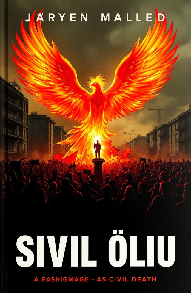 A visually striking book cover that depicts the theme of isolation from society, featuring a large crowd of people symbolizing 'SIVIL ÖLÜ' (civil death) as a legal concept, standing in shadowy figures against a desolate urban backdrop, contrasted with one vibrant figure rising majestically like a phoenix from the ashes, embodying hope and renewal