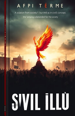 A visually striking book cover that depicts the theme of isolation from society, featuring a large crowd of people symbolizing 'SIVIL ÖLÜ' (civil death) as a legal concept, standing in shadowy figures against a desolate urban backdrop, contrasted with one vibrant figure rising majestically like a phoenix from the ashes, embodying hope and renewal