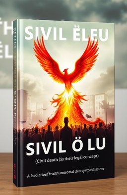 A visually striking book cover that depicts the theme of isolation from society, featuring a large crowd of people symbolizing 'SIVIL ÖLÜ' (civil death) as a legal concept, standing in shadowy figures against a desolate urban backdrop, contrasted with one vibrant figure rising majestically like a phoenix from the ashes, embodying hope and renewal