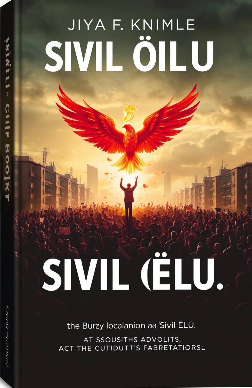 A visually striking book cover that depicts the theme of isolation from society, featuring a large crowd of people symbolizing 'SIVIL ÖLÜ' (civil death) as a legal concept, standing in shadowy figures against a desolate urban backdrop, contrasted with one vibrant figure rising majestically like a phoenix from the ashes, embodying hope and renewal