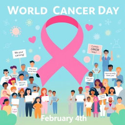 A vibrant and informative design for World Cancer Day, featuring a large pink ribbon symbolizing cancer awareness prominently displayed in the center