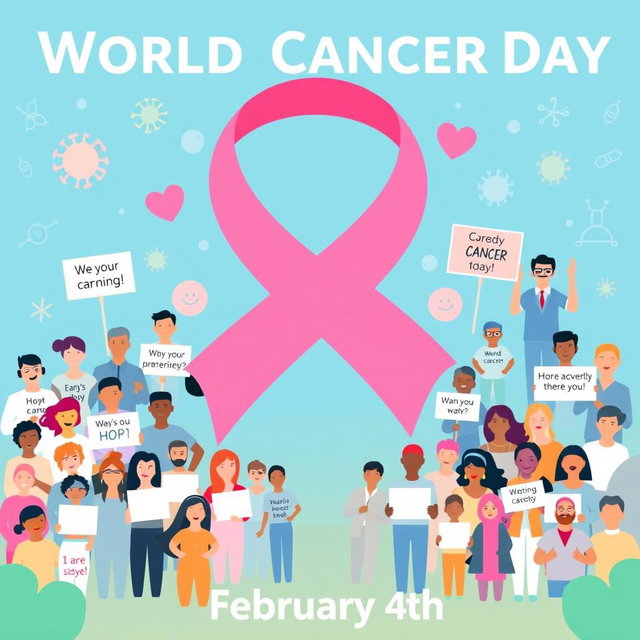 A vibrant and informative design for World Cancer Day, featuring a large pink ribbon symbolizing cancer awareness prominently displayed in the center