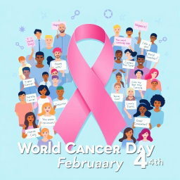 A vibrant and informative design for World Cancer Day, featuring a large pink ribbon symbolizing cancer awareness prominently displayed in the center