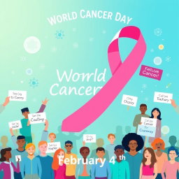 A vibrant and informative design for World Cancer Day, featuring a large pink ribbon symbolizing cancer awareness prominently displayed in the center