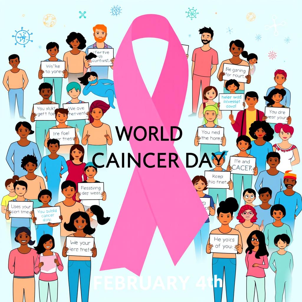 A vibrant and informative design for World Cancer Day, featuring a large pink ribbon symbolizing cancer awareness prominently displayed in the center