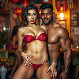 A full-length, intimate photoshoot of a stunning 24-year-old Arab woman in a captivating short strapless bikini that highlights her alluring features